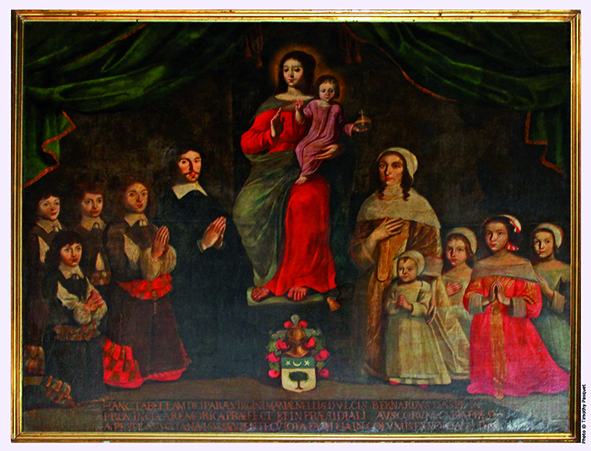 Ex-voto offert en 1665 par Bernard d’Aspe, représenté à genoux avec sa femme Marie de Gramont et ses enfants les mains jointes au pied de la Vierge à l’Enfant. © Timothy Pasquet